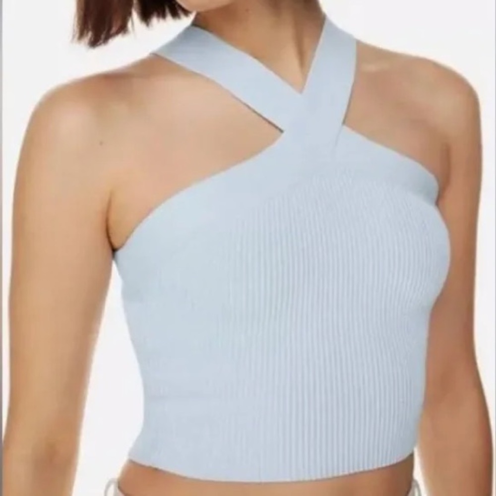 Aritzia Babaton Sculpt Knit Criss Cross Tank 'Glimmer' Blue